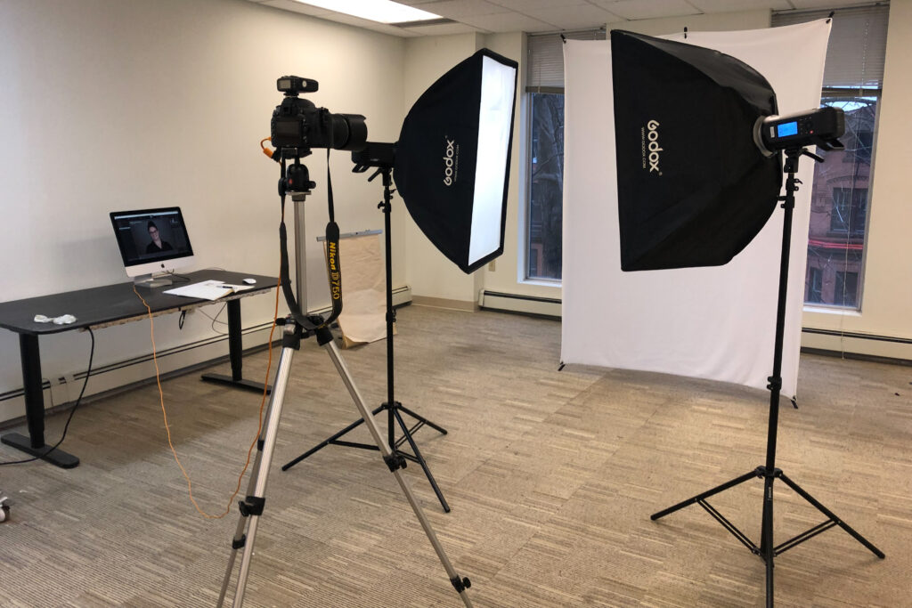 headshot technical set up in a large office space