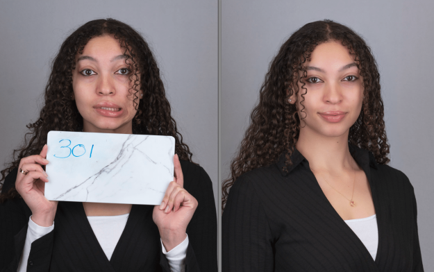 A headshot client who thinks she is not photogenic before and after